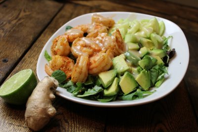 Savory Shrimp pairs perfectly with creamy Avocado & home made Miso dressing